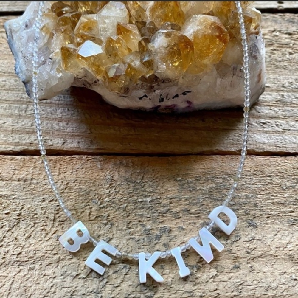 “BE KIND” Mother of Pearl & White Topaz Necklace